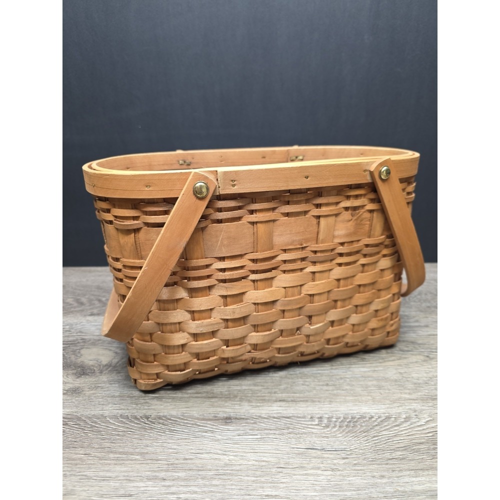 Vintage Double Handled Light Brown Wooden Basket 13.5x9x7 Rustic Home Decor